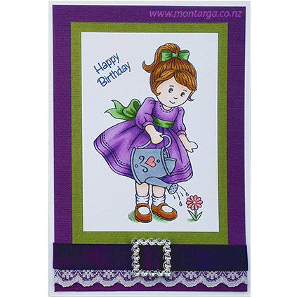 Card Sample - Girl with Watering Can - Purple