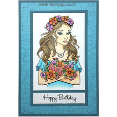 Card Sample - Girl with Flowers - Blue